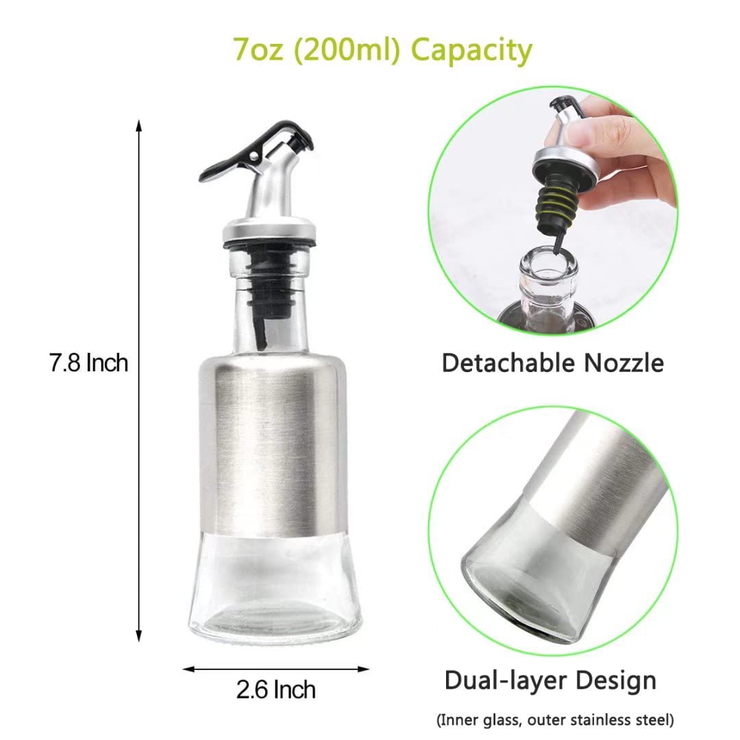Mincham Olive Oil Dispenser Bottle 7oz(200ml), Oil Dispenser Bottle for Kitchen, Premium Glass Stainless Steel Oil and Vinegar Cruet, with Spout and Pouring Funnel, No-drip Oil Bottle