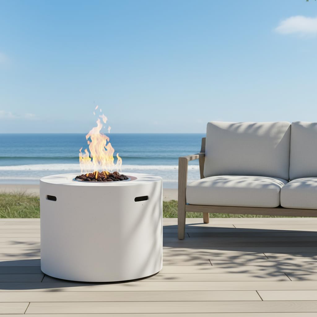 Christopher Knight Home Hiro Outdoor Propane Fire Pit Table with Lava Rock, No Assembly MGO Tank Table for Patio/Deck, 40000 BTU, Round Tabletop Fire Pit Outdoor, Patio Fire Table, White
