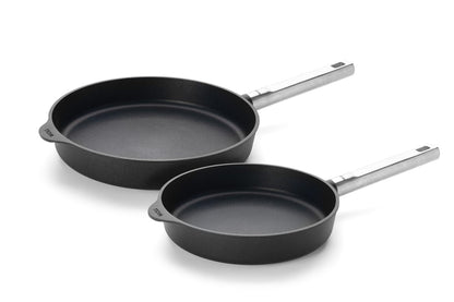 Woll ECO LOGIC PRO 8-Pc Cookware Set: 9.5" & 11" fry pans, 11" sauté pan, 7" saucepan, 9.5" stockpot + 3" lids. Made in Germany, Cast aluminum, Stainless Steel Handles, PFAS-free Diamond QXR nonstick.