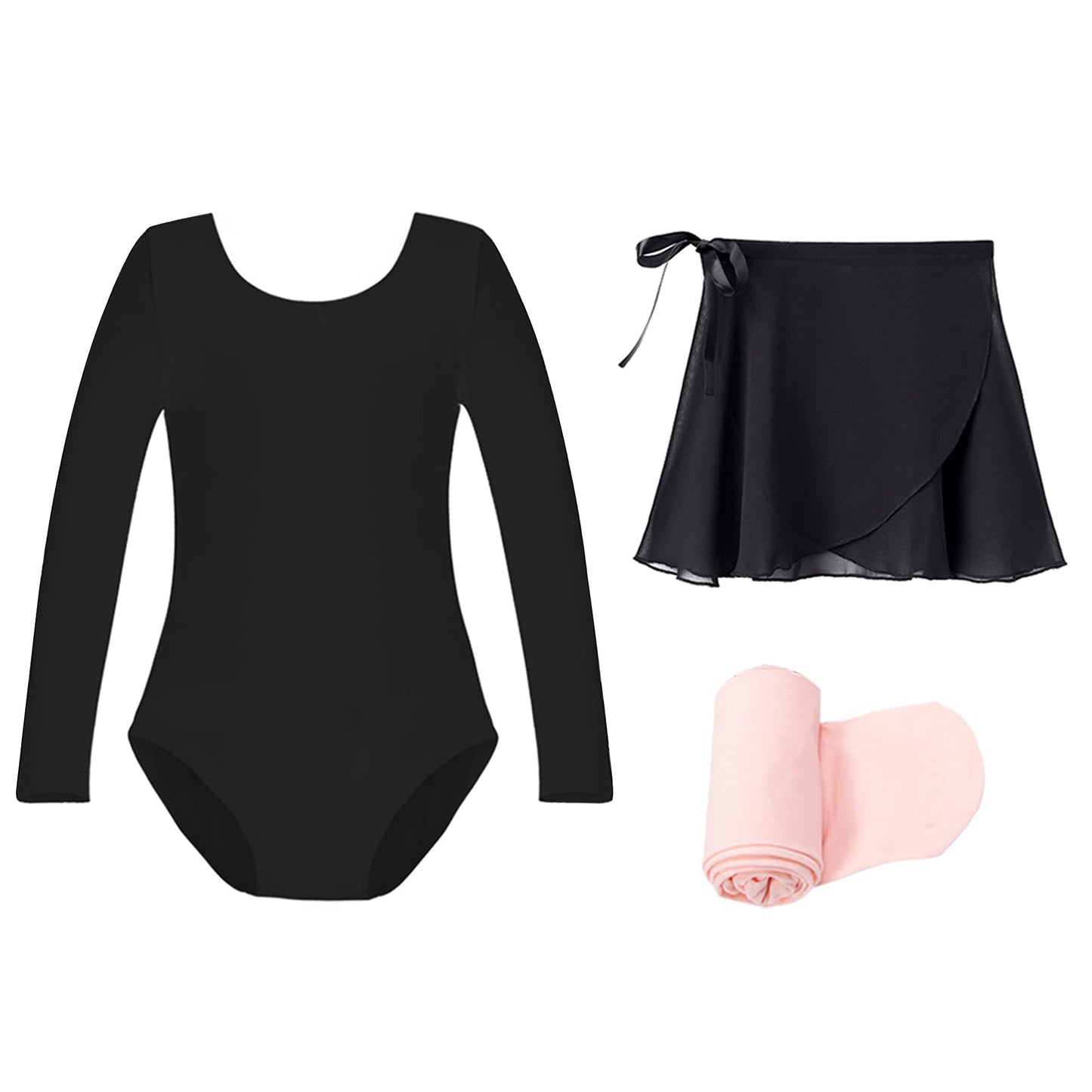 Stelle Ballet Leotards for Girls Dance Dress Outfit Combo with Skirt and Tights (Black-Long Sleeve-Adjustable Tie, 110)