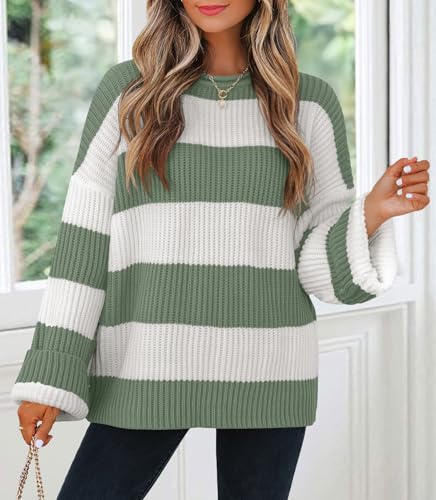 ZESICA Women's 2025 Fall Long Sleeve Oversized Striped Color Block Comfy Loose Crew Neck Knitted Pullover Sweater