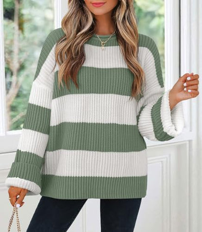 ZESICA Women's 2025 Fall Long Sleeve Oversized Striped Color Block Comfy Loose Crew Neck Knitted Pullover Sweater