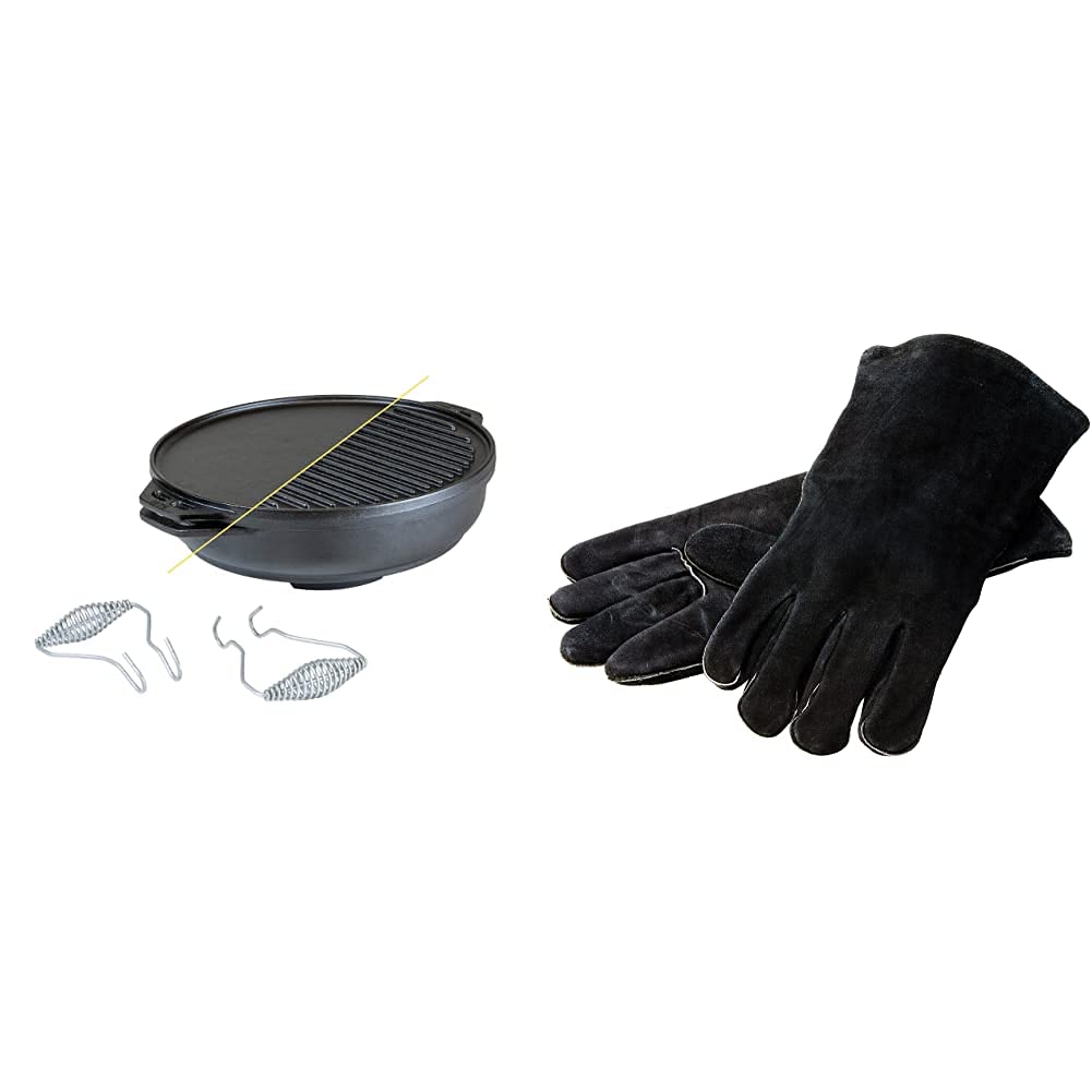 Lodge Cast Iron Cookware Set with Accessories - Five-Piece Cast Iron Cookware Set with Reversible Grill/Griddle, Wok, Handles and Leather Gloves