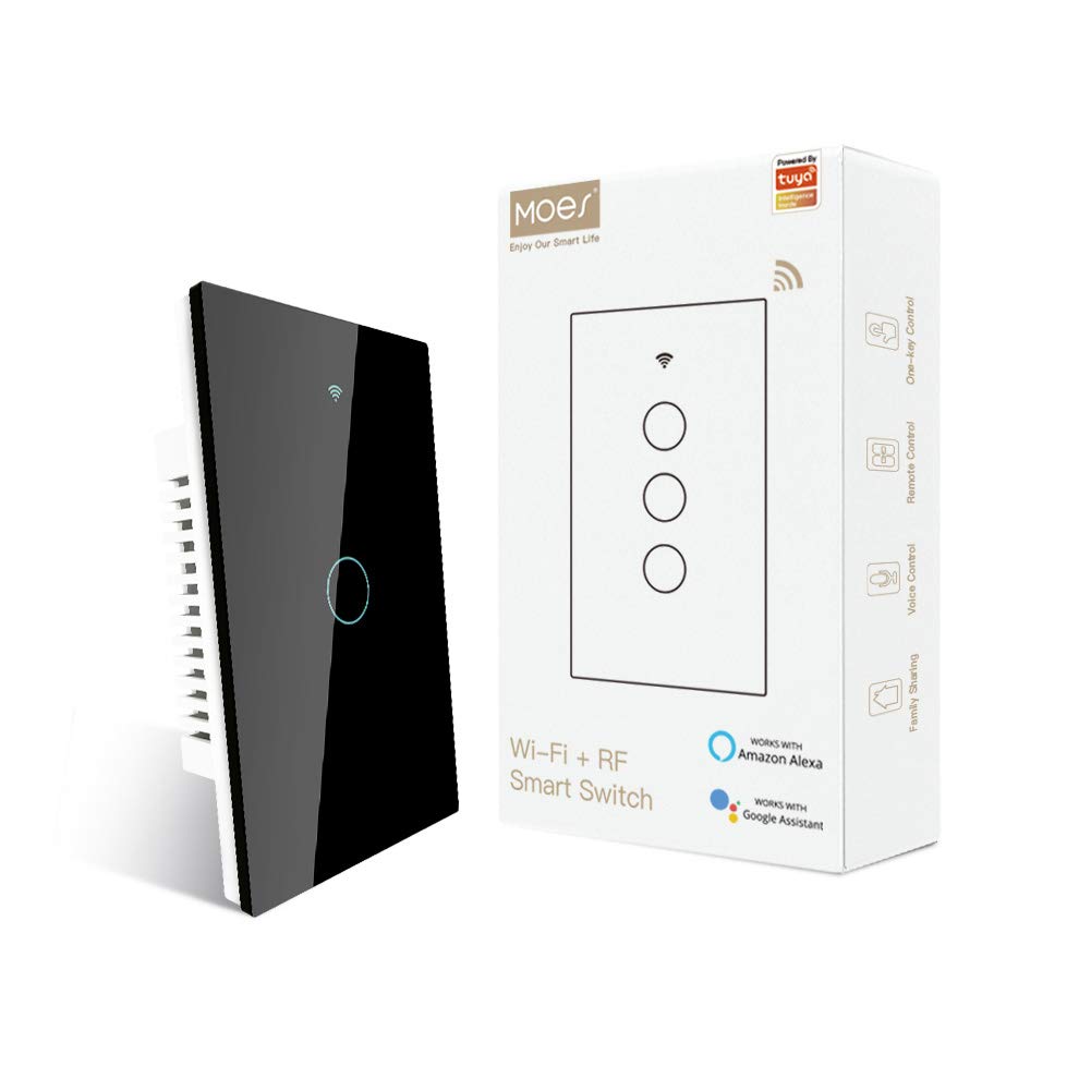 MOES Touch Wall Single Live Wire Smart Switch，No Neutral Wire Needed, 2.4GHz WiFi RF433 Light Switch Works with Smart Life/Tuya App, Alexa and Google Home, Single Pole 110V, White 1 Gang