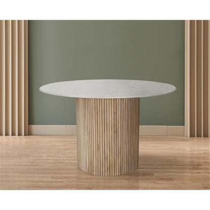 Meridian Furniture 757-T Oakhill Collection Modern | Contemporary Dining Table with Natural White Oak Finish, Solid Mango Wood Base, Genuine Marble Top, Fluted Wood, 47" W x 47" D x 30" H, Natural