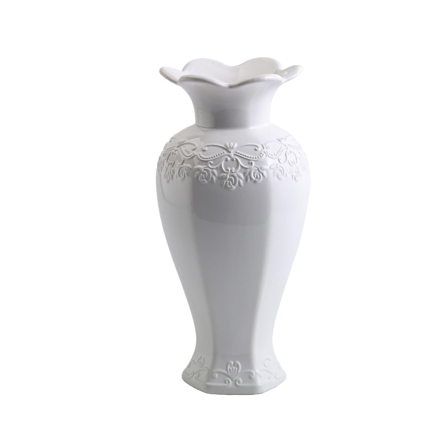 Seasonsplan Relievo Elegant White Cream 8in 11in Ceramic Flower Tall Aesthetic Beige Table Tulip Wide Mouth Rose Filler Decorative Rustic Vase Decor for Home (White Vase, L)