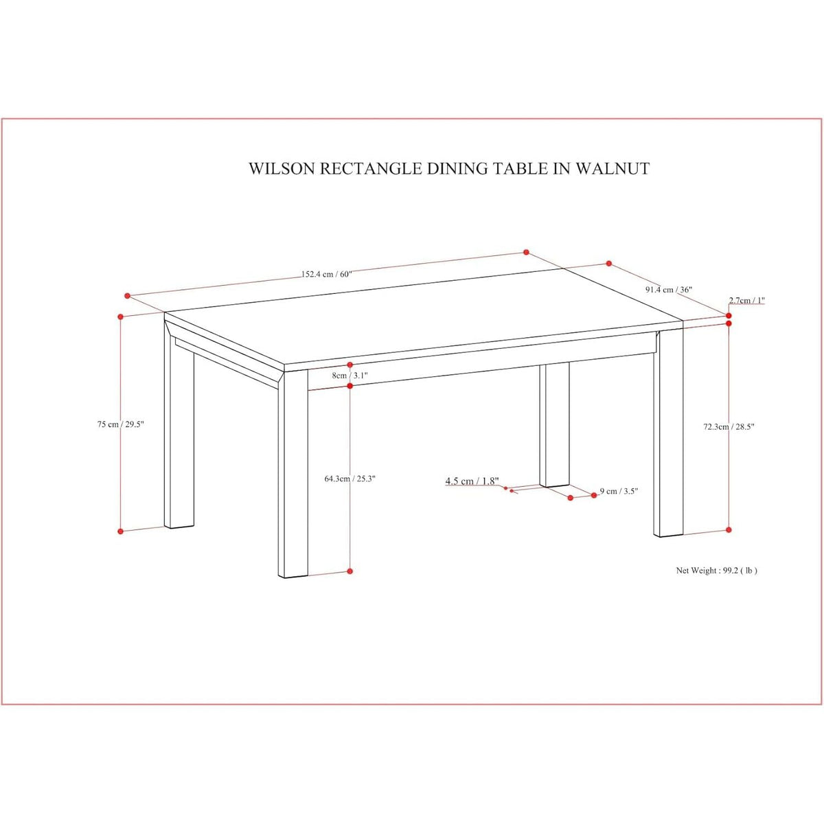SIMPLIHOME Wilson Dining Table - 60 inch Wide Solid Wood Walnut Veneer Rectangular Table, Transitional Style for Dining Room or Kitchen with Thick, Straight Legs and Inset Apron, Seats 6
