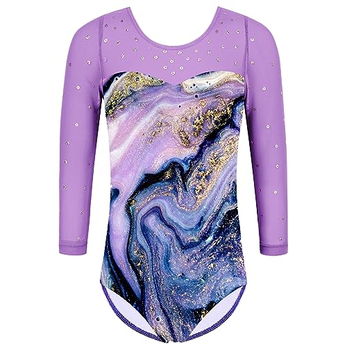 TFJH E Toddler Gymnastics Leotards for Girls Practice Outfits 3/4 Mesh Sleeve Ballet Dancewear Purple Agate 4A