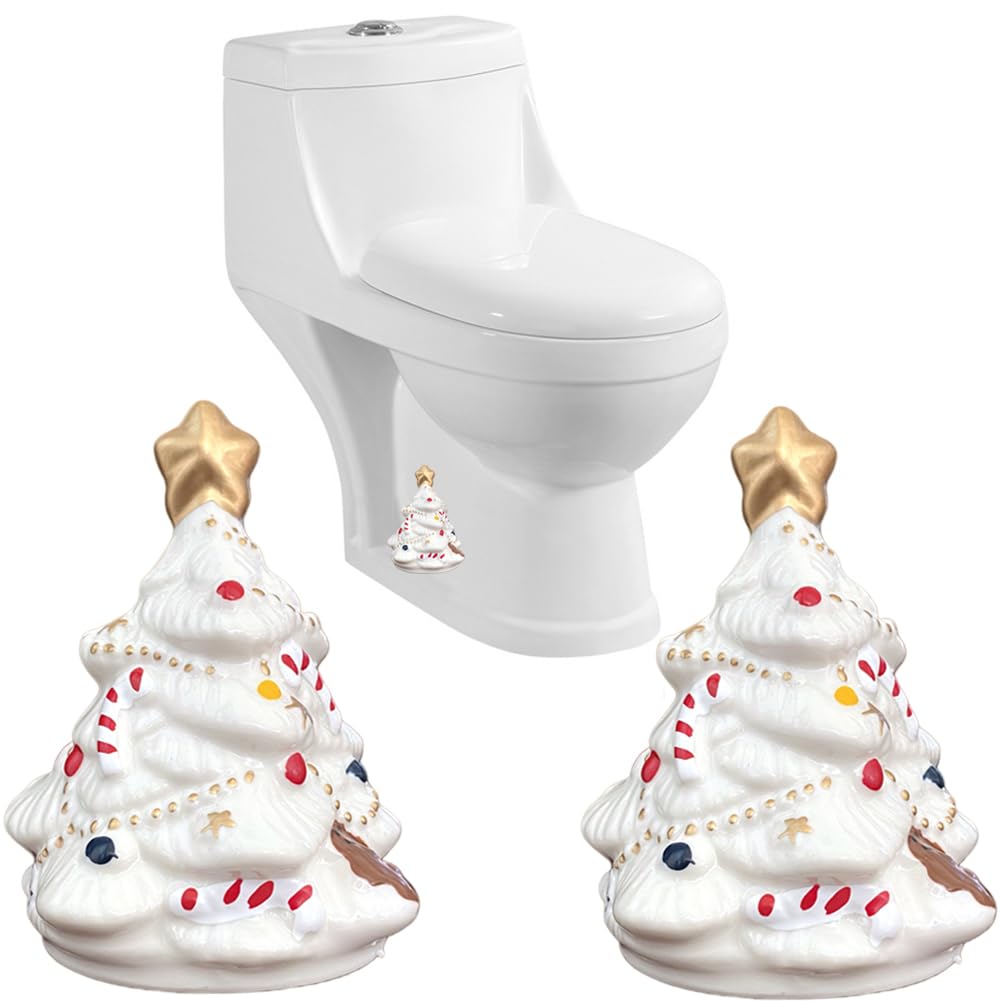 2Packs Christmas Tree Toilet Bolt Covers Decorative Tall Toilet Bolt Caps for Christmas Bathroom Decor, Toilet Caps for Bottom of Toilet, Ceramic Toilet Screw Cover Caps, Easy Installation (White-A)