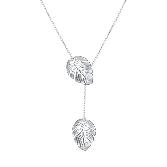 DAOCHONG Monstera Palm Leaf Y Shaped Lariat Necklace Sterling Silver Palm Leaf Lariat Long Chain Drop Adjustable Necklace Layered Necklace 30"