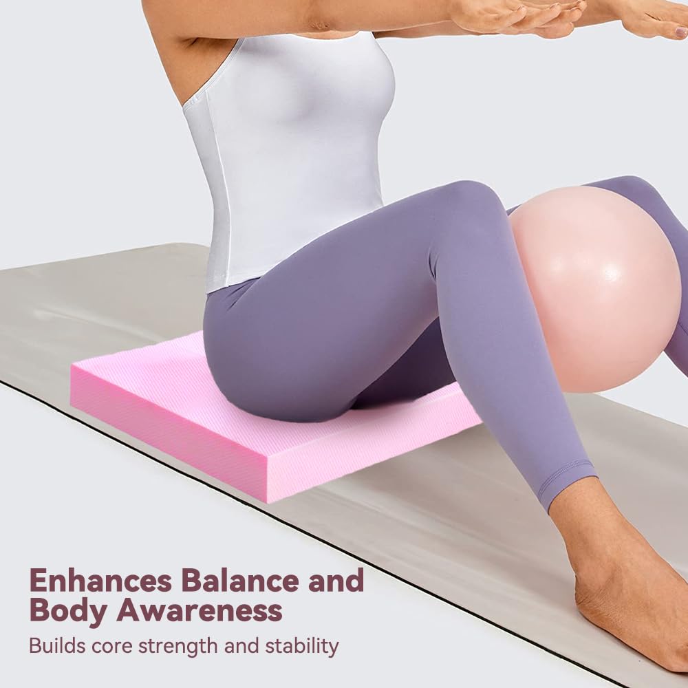 Pulgati Extra Large Yoga Exercise Balance Pad - Thick Non-Slip Stability Cushion for Pilates and Exercise - High Density Foam Trainer for Core Strength Home Gym - Bonus: 10-Position Resistance Band! (Pink, Extra Large)