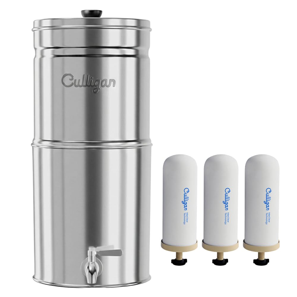 Culligan MaxClear 3 Gallon Gravity Water Filter System, Polished Stainless-Steel Countertop Water Filter NSF/ANSI Certified to Reduce Microplastics, Lead & Total PFAS, with 3 Ceramic Filters