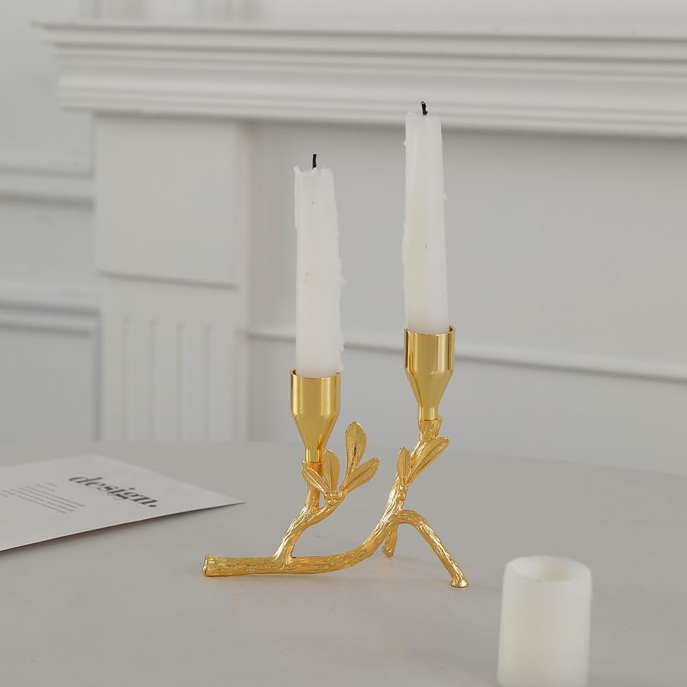 Elegant Gold Metal Tree Branch and Leaf-Inspired Dual Candle Holder Taper for Home Decor Tables top Tealight Wedding Centerpiece 5.12"x4.57" (Golden)