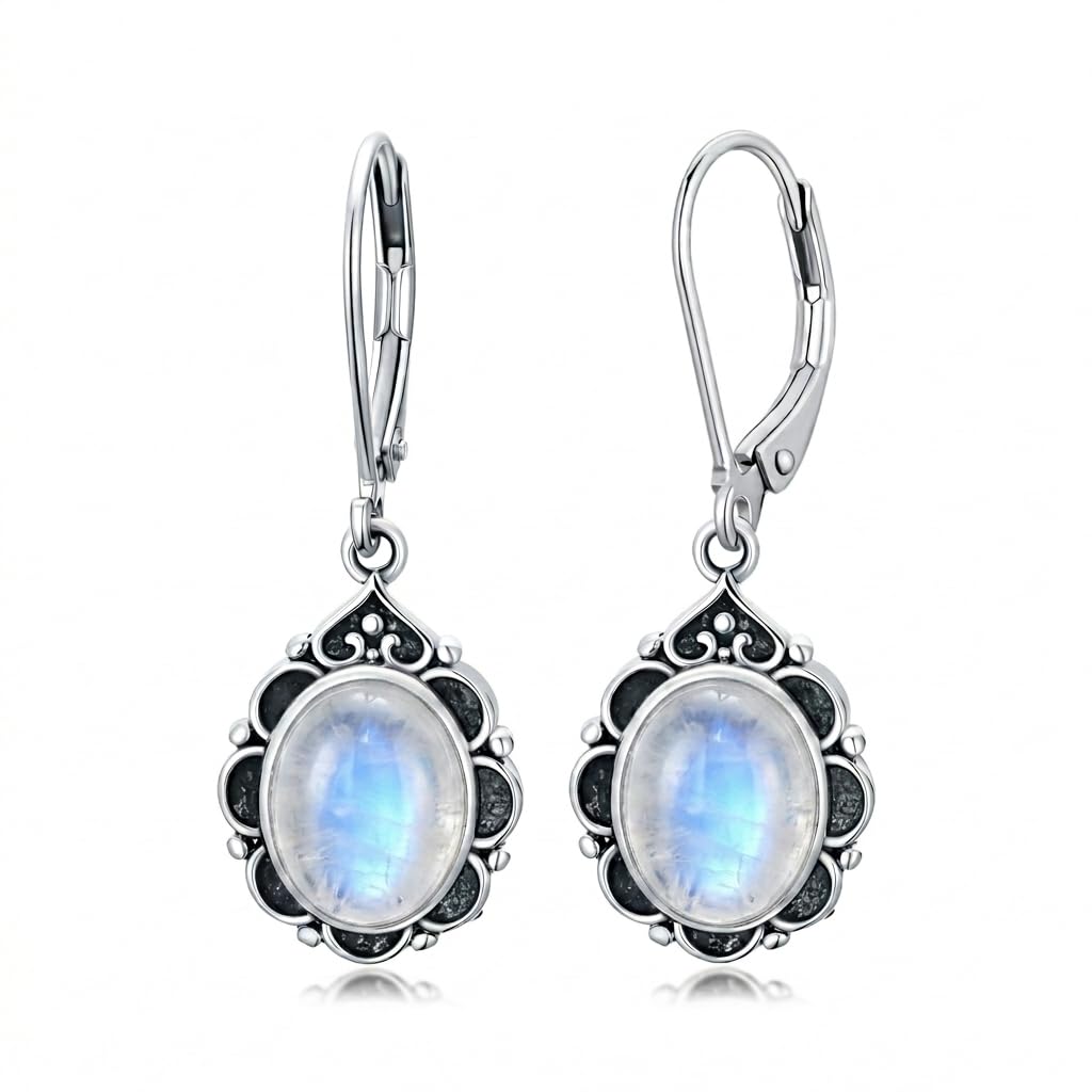 Moonstone Drop Earrings for Women 925 Sterling Silver Vintage Oval 9x7mm Filigree Leverback Dangle Earrings, Gothic Victorian Antique Jewelry Gifts