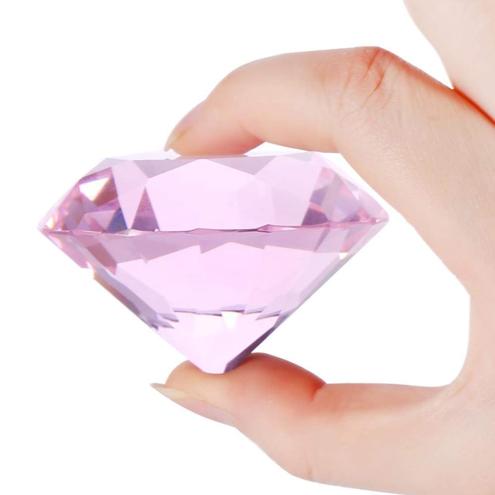 F-ber 60mm/2.4" Pink Crystal Faceted Diamond Paperweight w/ Silver Base Stand Jewels Wedding Decorations Centerpieces Cut Glass Display Ornament Gift Home Decor