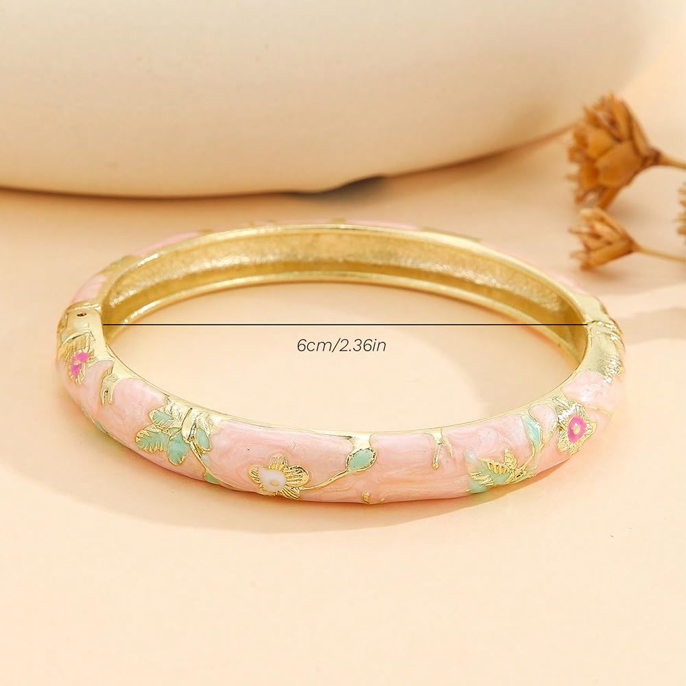 Cloisonne Bracelet For Women, Chunky Bangle Trendy Cute Flower Enamel Bangles Multi Tone Engraved Cuff Gold Plated Bracelets Stackable Wife Jewelry Friendship Gift (Dark Blue, One Size)