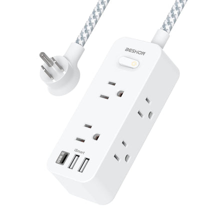 Power Strip Surge Protector, BESHON 5Ft Extension Cord, 6 Outlets with 4 USB Ports (2 USB C Outlet), 3-Side Outlet Extender, Wall Mount, Compact for Travel, Home, School, College Dorm Room and Office