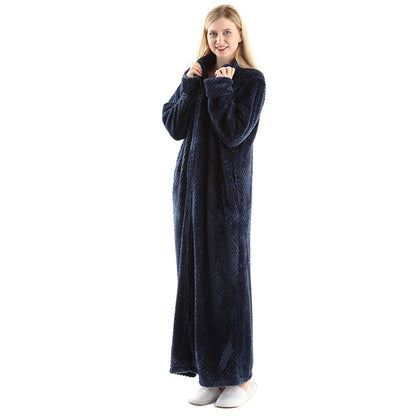 Oksun Womens Plus Size Fleece Dressing Gown Soft Bathrobe Full Length with Zipper, Navy, UK14-20(label XL)