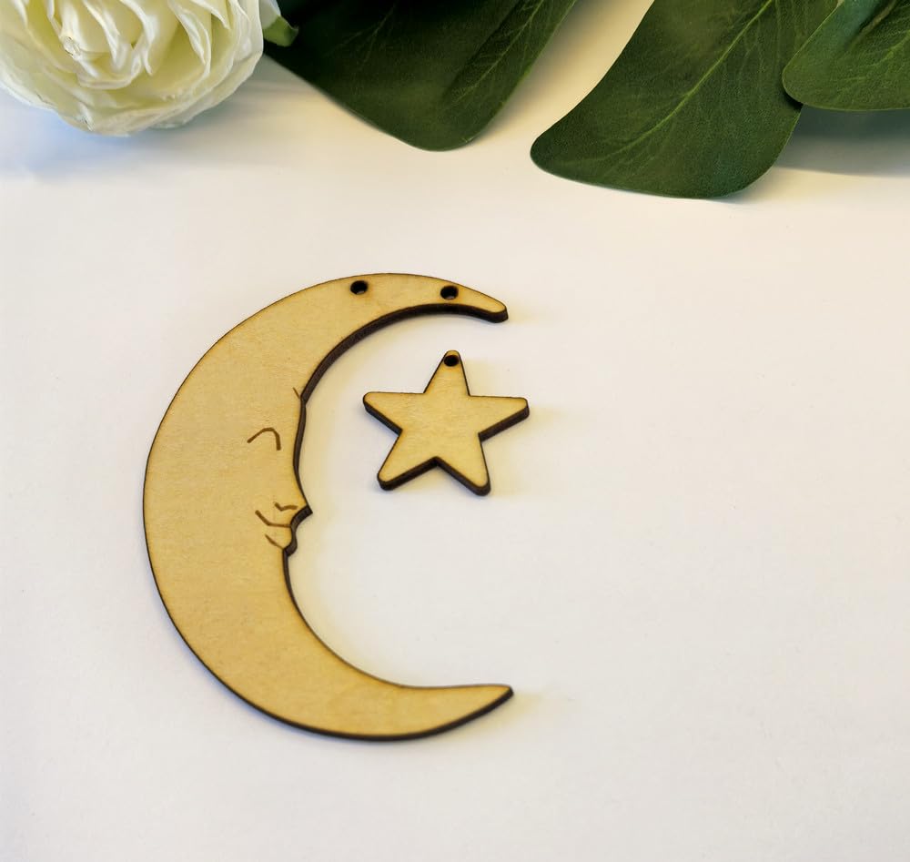 Set of 20 Crescent Moon and Star,Christmas Moon and Star Hanging Ornament for Window &Christmas Tree Decoration (Natural Wood)