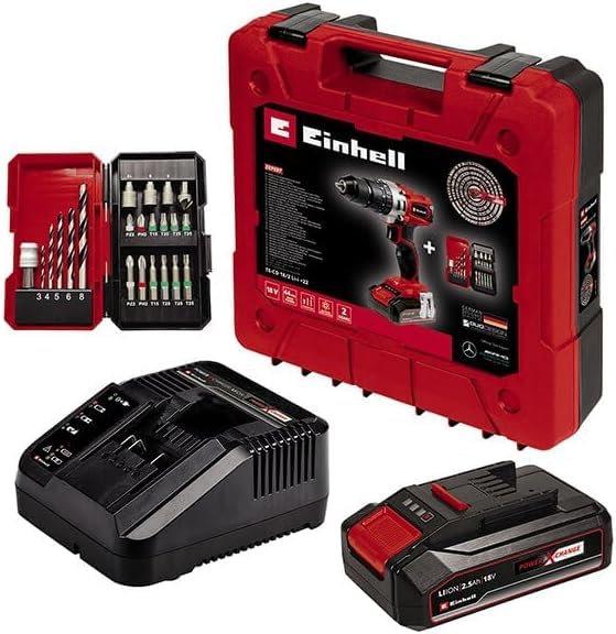 Einhell Power X-Change 44Nm Cordless Drill Driver With Battery And Charger - 18V, 3-in-1 Combi Drill, Hammer Drill And Screwdriver - With 22 Piece Drill Bit Set And Storage Case, Red/Black