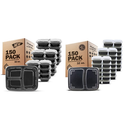 Freshware Meal Prep Containers 3 Compartment with Lids, Food Containers, Lunch Box, Stackable, Bento Box, Microwave/Dishwasher Safe & Meal Prep Containers 2 Compartment, Black