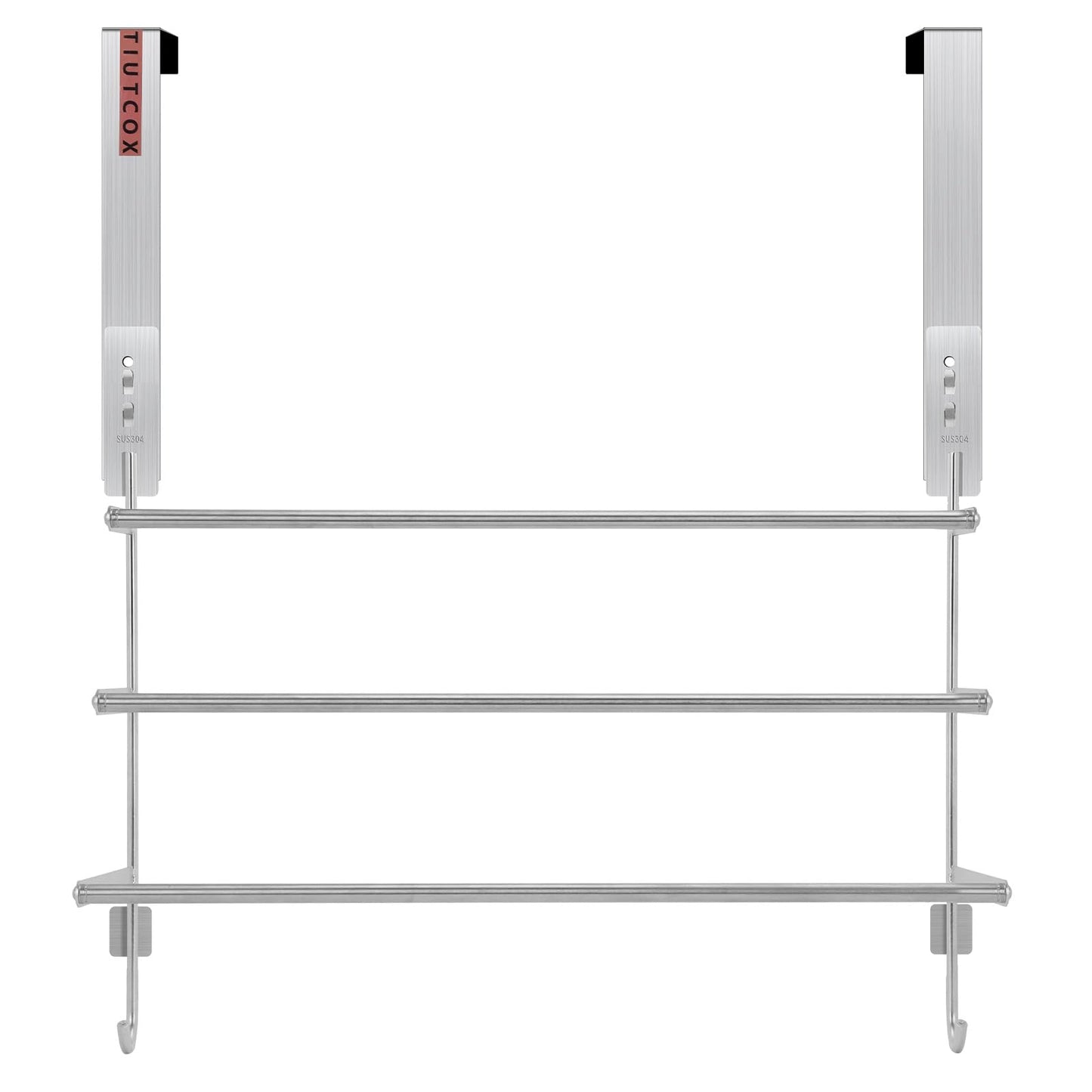 TIUTCOX Over The Door Towel Rack, 304 Stainless Steel Towel Racks for Bathroom with 3-Tier Adjustable Pole, 2 Punch-Free Screw Stickers, 22.83 * 17.71-29.52 * 6.14 Inch, Silver