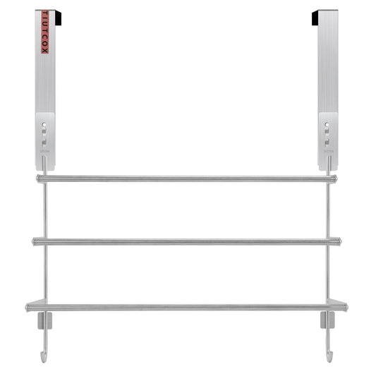 TIUTCOX Over The Door Towel Rack, 304 Stainless Steel Towel Racks for Bathroom with 3-Tier Adjustable Pole, 2 Punch-Free Screw Stickers, 22.83 * 17.71-29.52 * 6.14 Inch, Silver