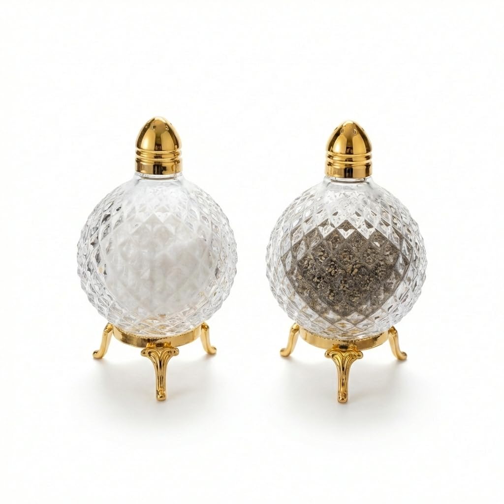 Crystal Glass Salt and Pepper Shakers with Gold Metal Stand and Lid, Diamond Cut Design, 4.33 Inches Height, 2 Piece Set
