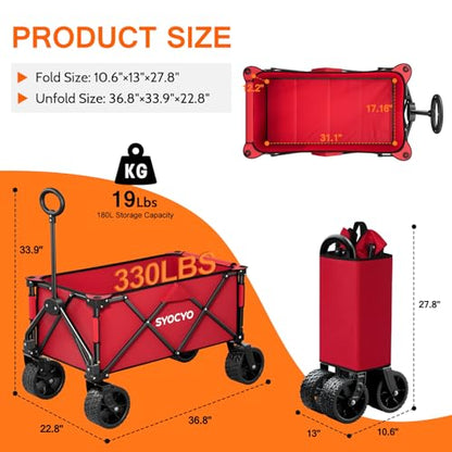 SYOCYO Collapsible Folding Wagon Cart, Heavy Duty Wagon Foldable with 330lbs Weight Capacity, Utility Garden Cart, Beach Wagons with All-Terrain Wheels for Camping, Sports, Shopping, Red