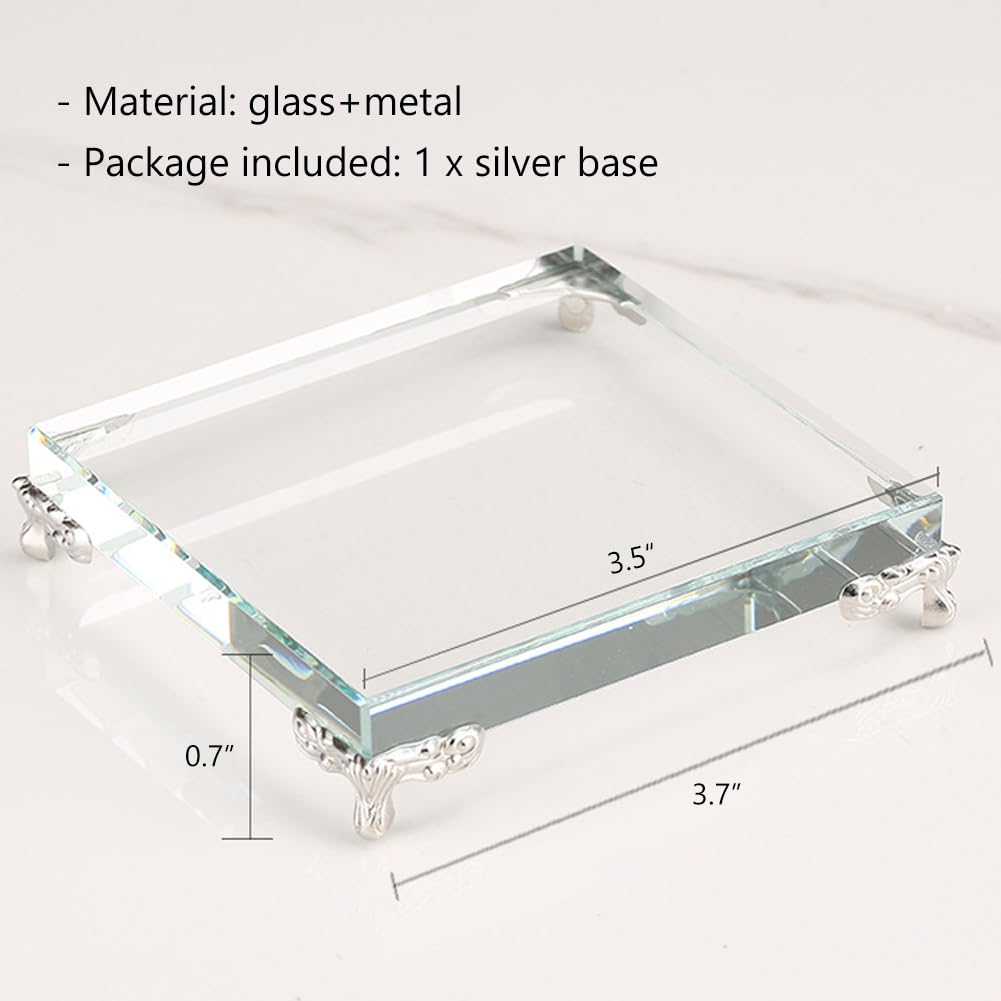 WAYUTO Crystal Glass Square Display Base Transparent Clear Glasses with Metal Supporting Feet Sculpture Decorations Display Stand for Trophy Jewelry Figurines Collectibles Home Decor Silver Supporters