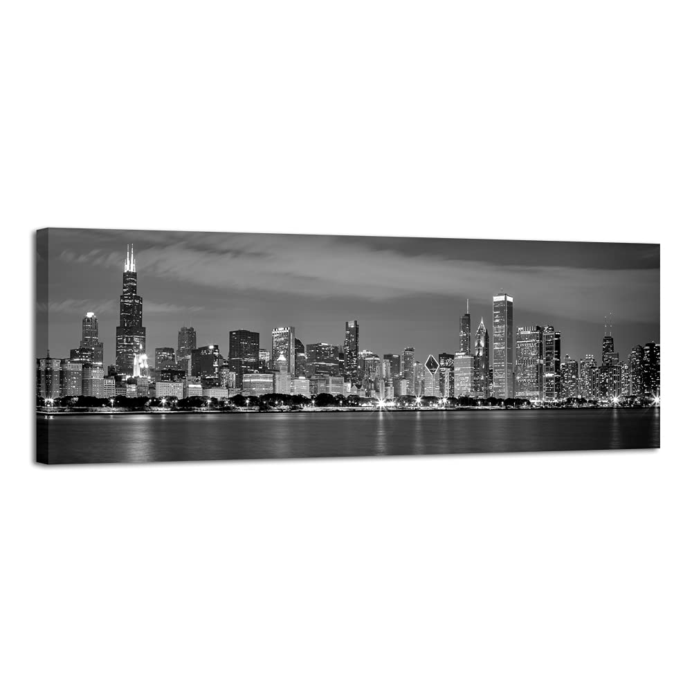 Wieco Art New York Manhattan Night View in Black and White Giclee Canvas Prints Modern Stretched and Framed Art work Cityscape Pictures Paintings on Canvas Wall Art for Bedroom Home Decorations