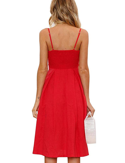 FANCYINN Womens Tie Front Dress Red Button Down Spaghetti Strap Midi Dress Christmas Red S