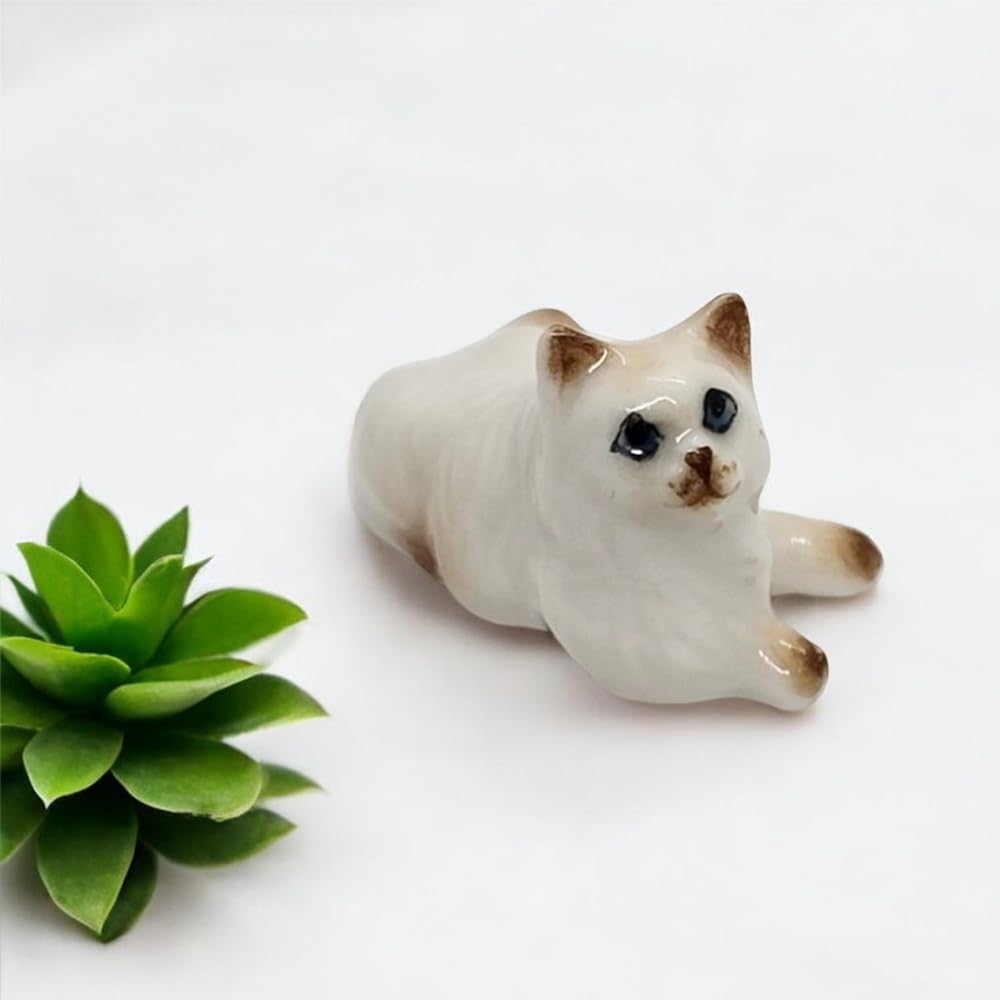 ChangThai Design Tiny ¾ Inch Lying Look Up Himalayan Persian Longhaired Cat - Miniature Hand Made Ceramic Cats Kittens Feline Animals Cute Porcelain Decorative Figure Collectible Figurines Décor Gifts