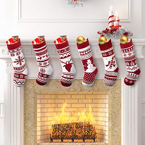 JOYIN 6 Pack 18" Christmas Knit Stockings, Large Rustic Yarn Xmas Stockings Bulk, Cable Knit Xmas Stockings with Snowflake Snowman Reindeer Character for Christmas Tree Fireplace Holiday Decorations