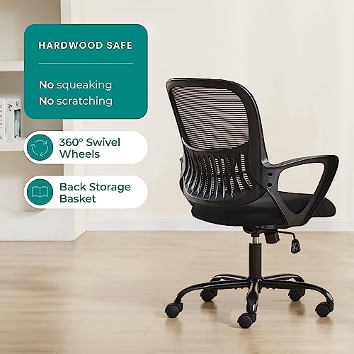 SMUG Home Office Computer Desk Chair, Ergonomic Mid-Back Mesh Rolling Work Swivel Task Chairs with Wheels, Comfortable Lumbar Support, Comfy Arms for Bedroom, Study, Dorm, Student