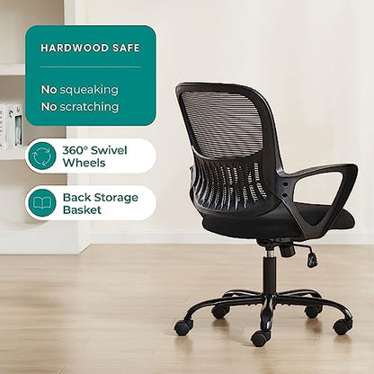 SMUG Home Office Computer Desk Chair, Ergonomic Mid-Back Mesh Rolling Work Swivel Task Chairs with Wheels, Comfortable Lumbar Support, Comfy Arms for Bedroom, Study, Dorm, Student