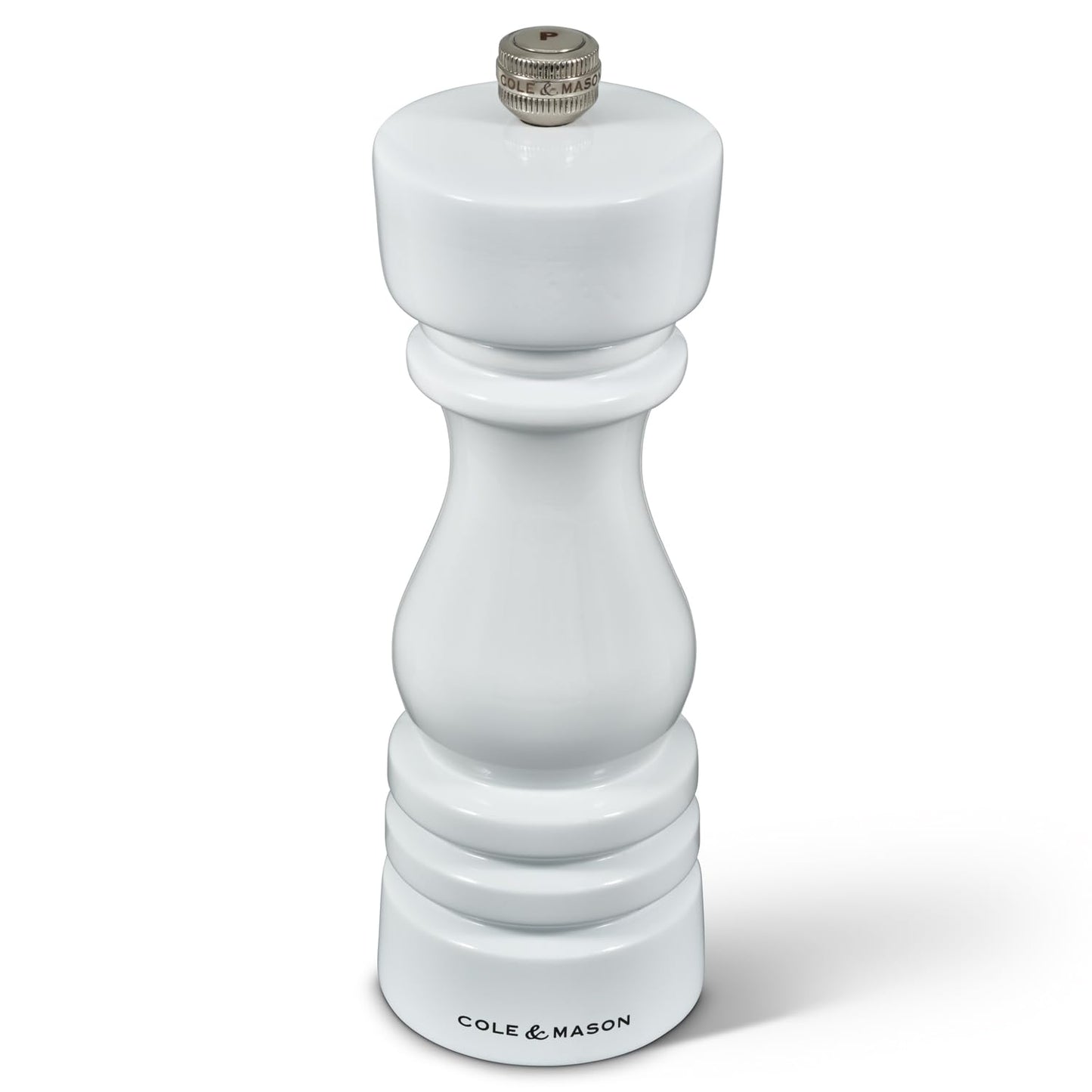 Cole & Mason H233095 London White Gloss Salt and Pepper Mill Set, Precision+ Carbon/Ceramic Mechanisms, Salt and Pepper Grinders with Adjustable Grind, Beech Wood, 180mm, Gift Set