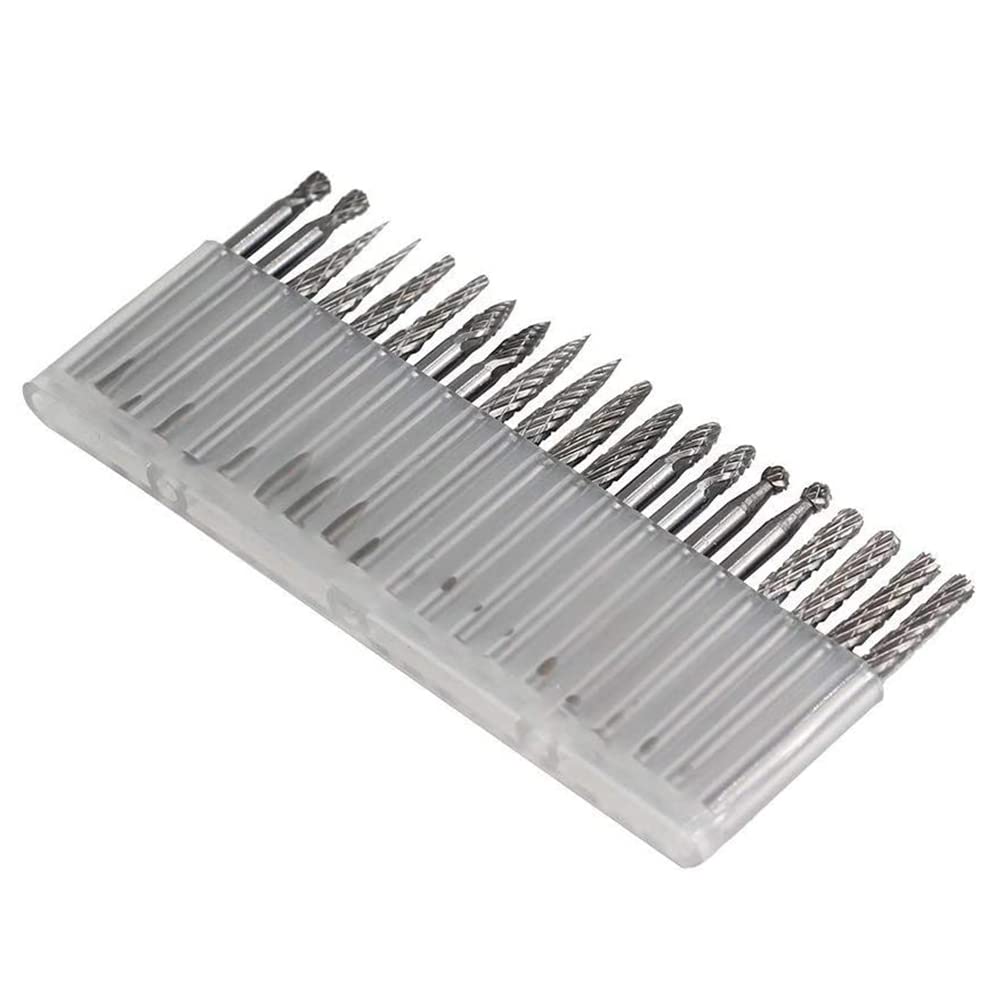 YUFUTOL 20pcs Solid Carbide Burr Set 0.118‘’（3mm）shank Tungsten Carbide Rotary Files Burrs with 3mm Cutting Head diameter Fits Most Rotary Drill Die Grinder for Woodworking,Engraving,Drilling,Carving