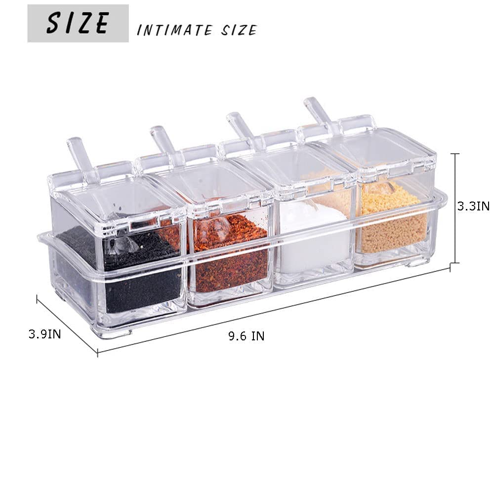 CLUQMEIK Clear Seasoning Box,4 Spice Jars Condiment Containers with Lids and 4Pcs Spoons 1Pcs Tray Seasoning Organizer for Salt, Sugar,Cardamon, Cinnamon,Cloves,Mustard,Nutmeg,Pepper and Tumeric