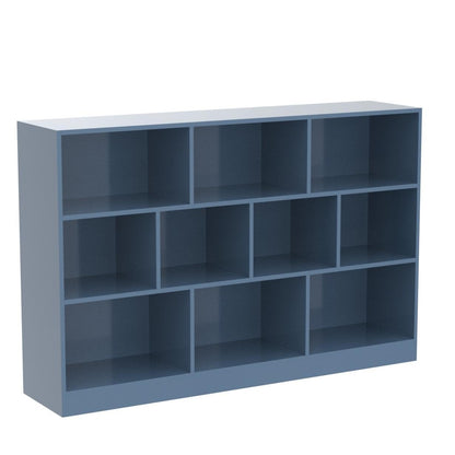 IOTXY Open Shelf Low Bookcase - Wooden 3-Tier Floor Standing Display Cabinet Organizer with Base, 10 Cubes Short Horizontal Bookshelf in Bright Blue