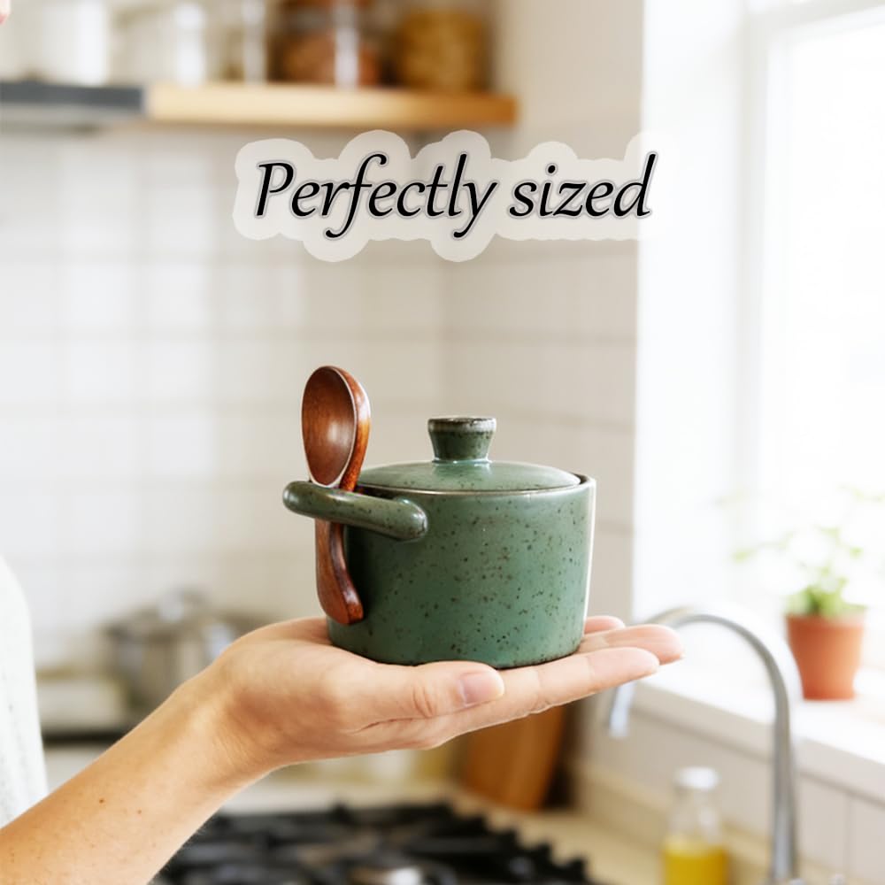 EWEIGEER Ceramic Salt Cellar With Lid & Spoon,8oz Salt Container For Countertop,Sugar Bowl,Spice Jar(Green)
