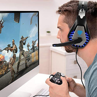 Gaming Headset for PS4, Xbox One, PC, PS5, Laptop, Mac, Nintendo Switch, 3.5MM Noise Cancelling Over Ear Headphones with Mic, Bass Surround, Soft Memory Earmuffs Blue