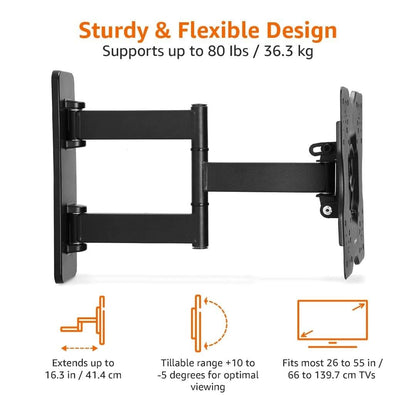 Amazon Basics TV Wall Bracket for 26-55 inch(66cm-140cm) TVs, Swivels Tilts TV Wall Mount for Flat & Curved TV, VESA 100x100mm to 400x400mm, holds up to 36kg, Black