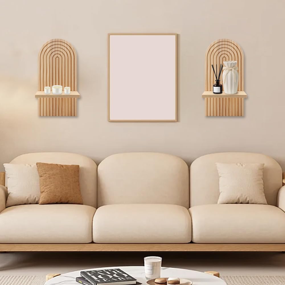 Boho Wall Decor Set of 2 Boho Wall Shelf with 1 Coaster, Natural Modern Minimalist Wa-ll Candle Holder for Bathroom, Bedroom, Living Room, Beside Fireplace TV, 13.78 x 7.09inch