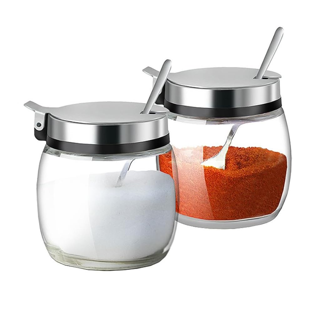 Hewnda 2Pcs Sugar Salt Container Set,8 oz glass jar with lid and spoon for storing condiments,coffee,sugar cubes,spices and more