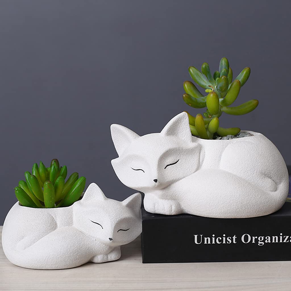 Gemseek Cute Fox Succulent Planter Pot with Drainage Tray, Small White Ceramic Cactus Flower Container, Animal Shaped Indoor Air Plants Holder