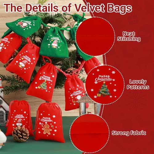 Tapleap Christmas Bags with Drawstring - 10Pcs 3x4 Red and Green Velvet Cloth for Wrapping Dice, Jewelry, Party Favors or Gifts for Friends, Children, Customers