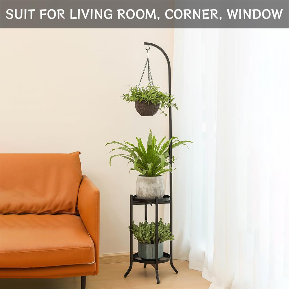 2 Tier Plant Stand Metal Plant Shelf Indoor Outdoor, Tall Corner Hanging Plant Shelf Metal Flower Stands Ladder, Heavy Duty Tall Flower Shelf Large Planter Holder for Living Room Garden Balcony Patio, Hanging Plant Holder, Standing Shelf