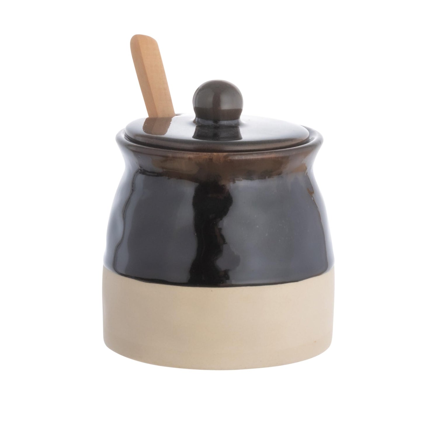 Creative Co-Op Stoneware Sugar Pot with Lid and Wood Spoon, Espresso Glaze