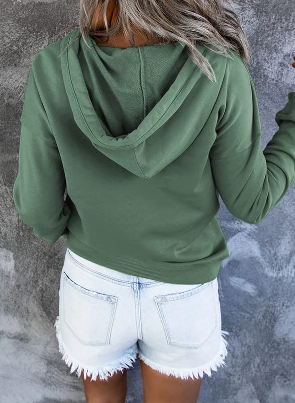 Dokotoo Hoodies for Women Drawstring V Neck Long Sleeve Front Button Collar Hooded Pullover Hoodie with Pockets Christmas Sweatshirt Loose Fit Casual Ladies Shirt Tops Winter Clothing Green X-Large